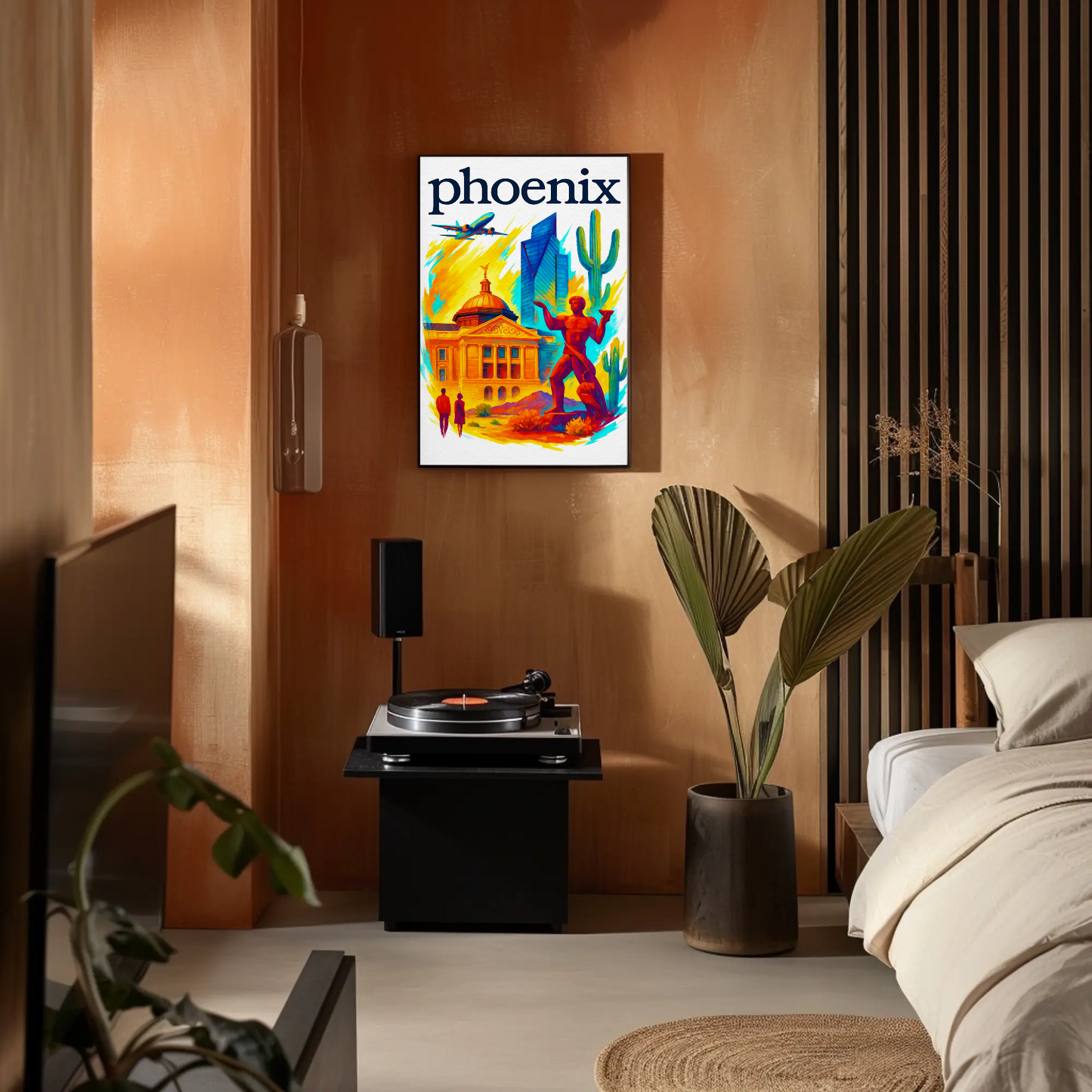 Phoenix Capitol Cactus Statue Airplane Desert Vintage Travel Poster