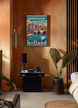 Amsterdam Holland Autumn Canal Houses Vintage Travel Poster