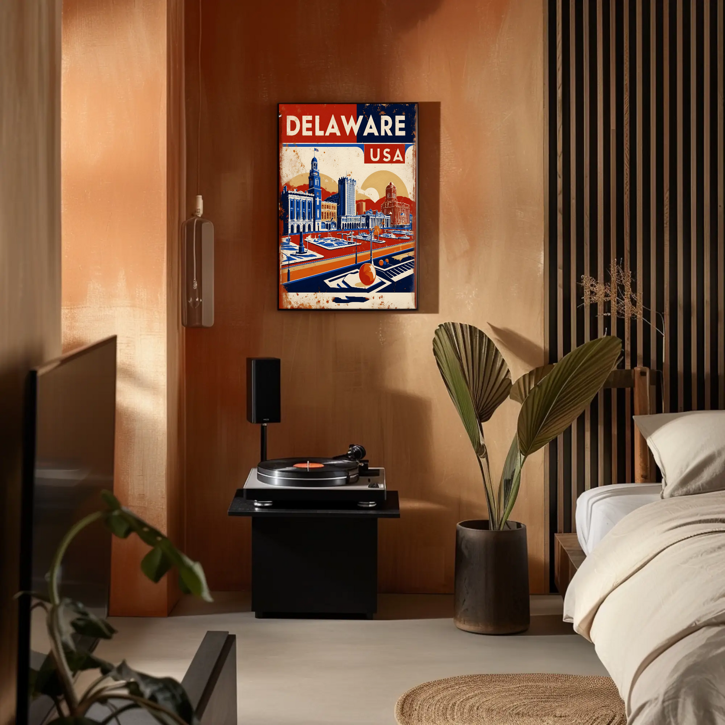 Delaware Waterfront Skyline Retro USA Vintage Maroon Travel Poster