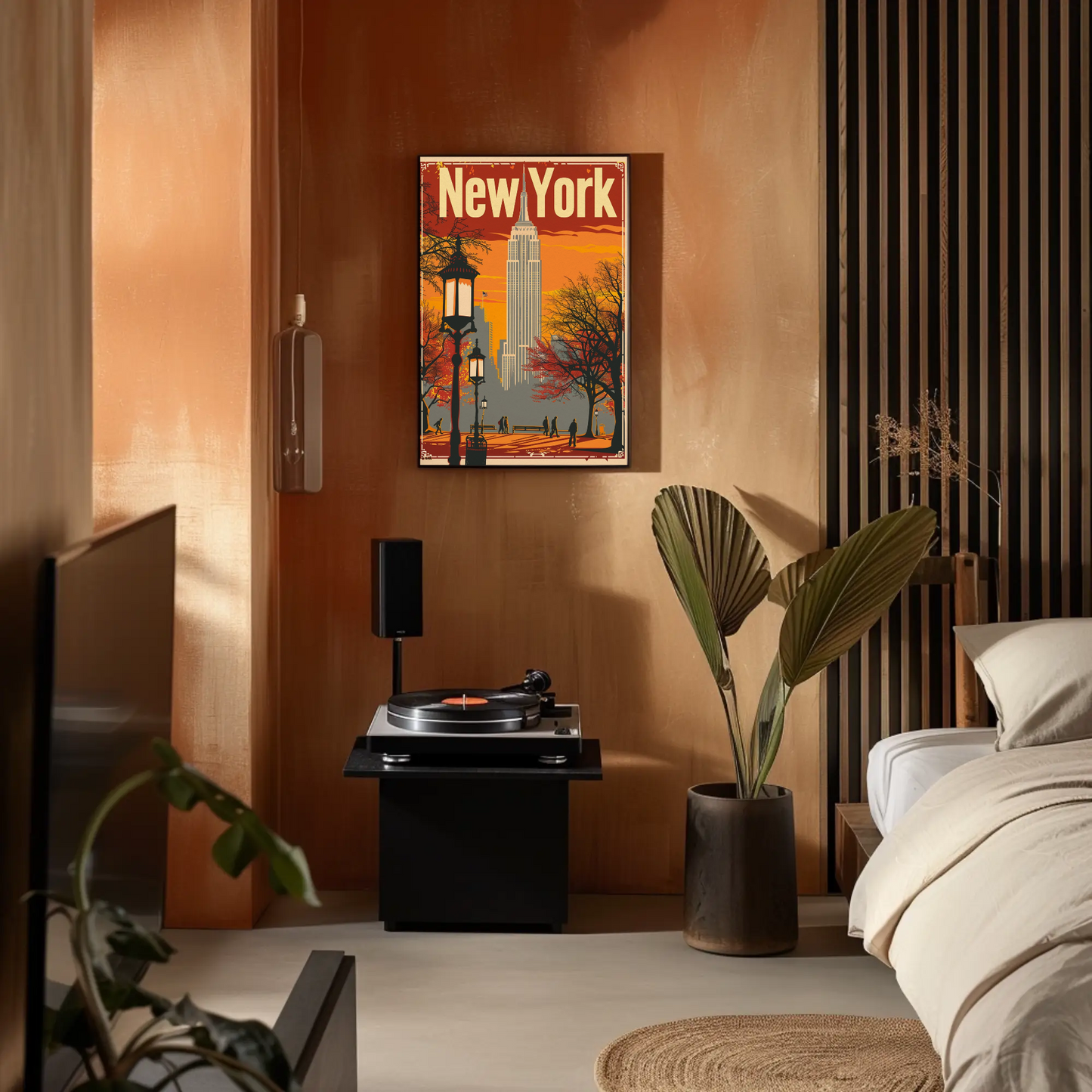 New York Orange Sky Autumn Cityscape Vintage Travel Poster