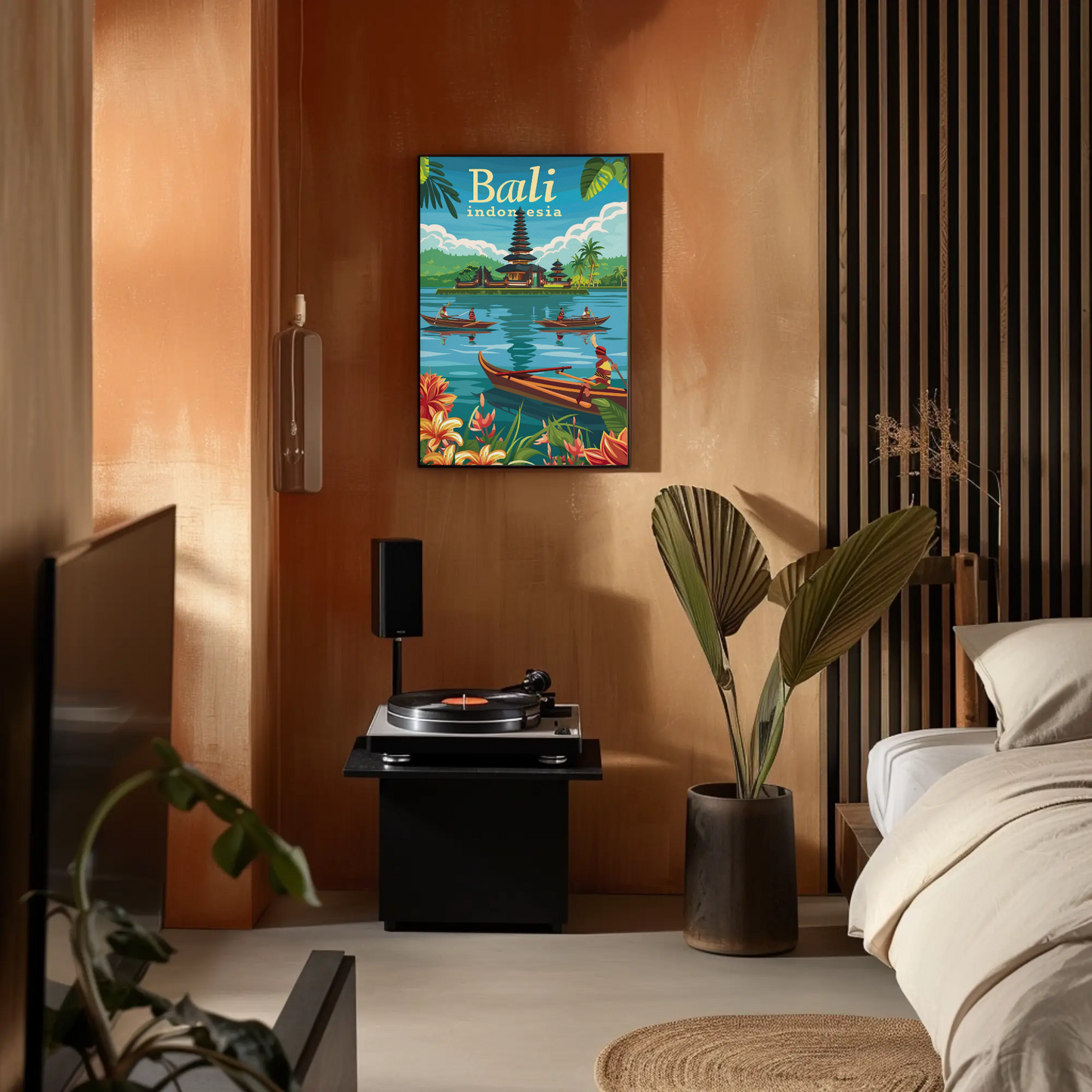 Bali Indonesia Vintage Travel Poster - Temple & Canoes