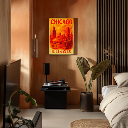 Chicago Skyline Bean Statue Modern Red Vintage Travel Poster Wall Art