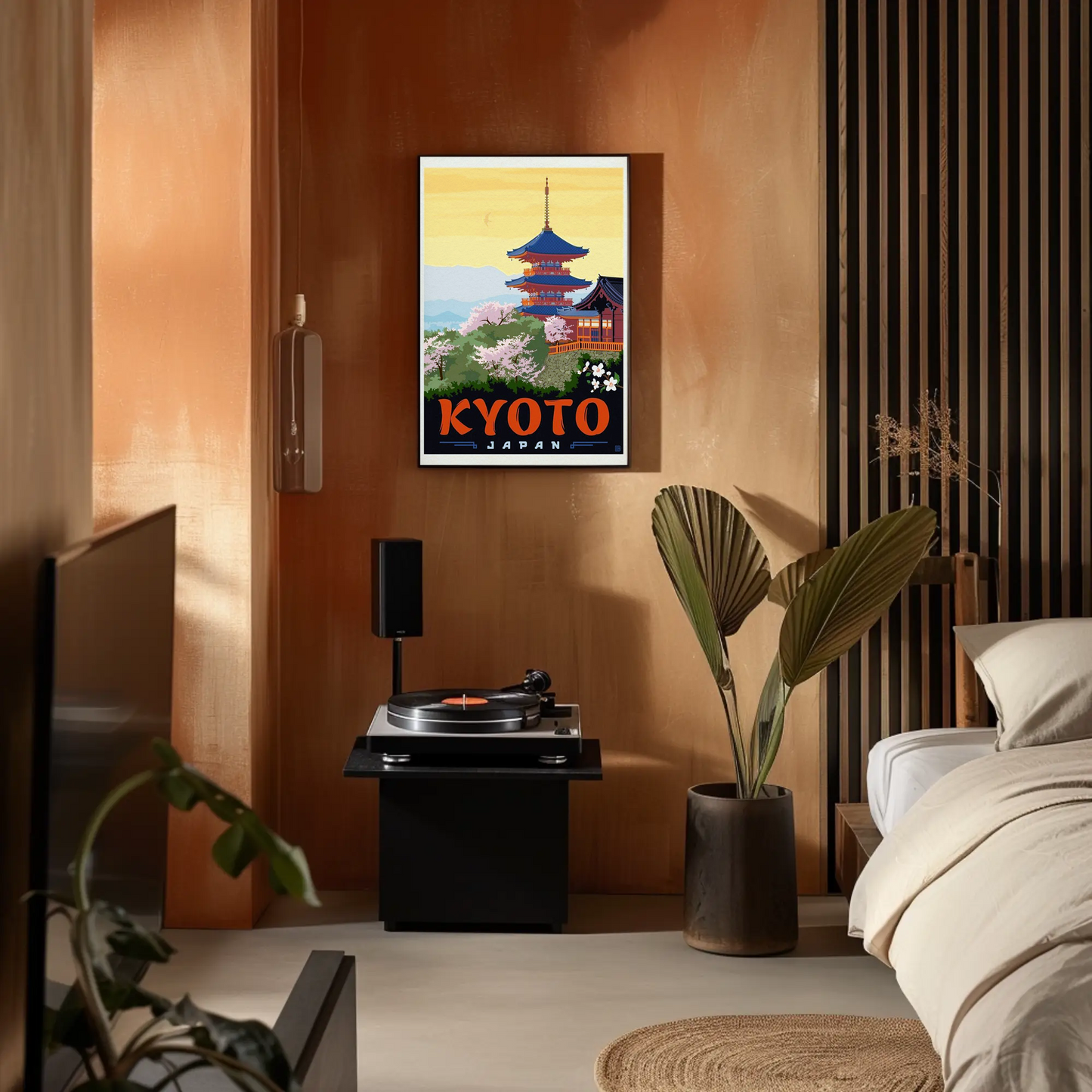 Kyoto Japan Pagoda Cherry Blossoms Temple Scene Vintage Travel Poster