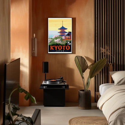 Kyoto Japan Pagoda Cherry Blossoms Temple Scene Vintage Travel Poster