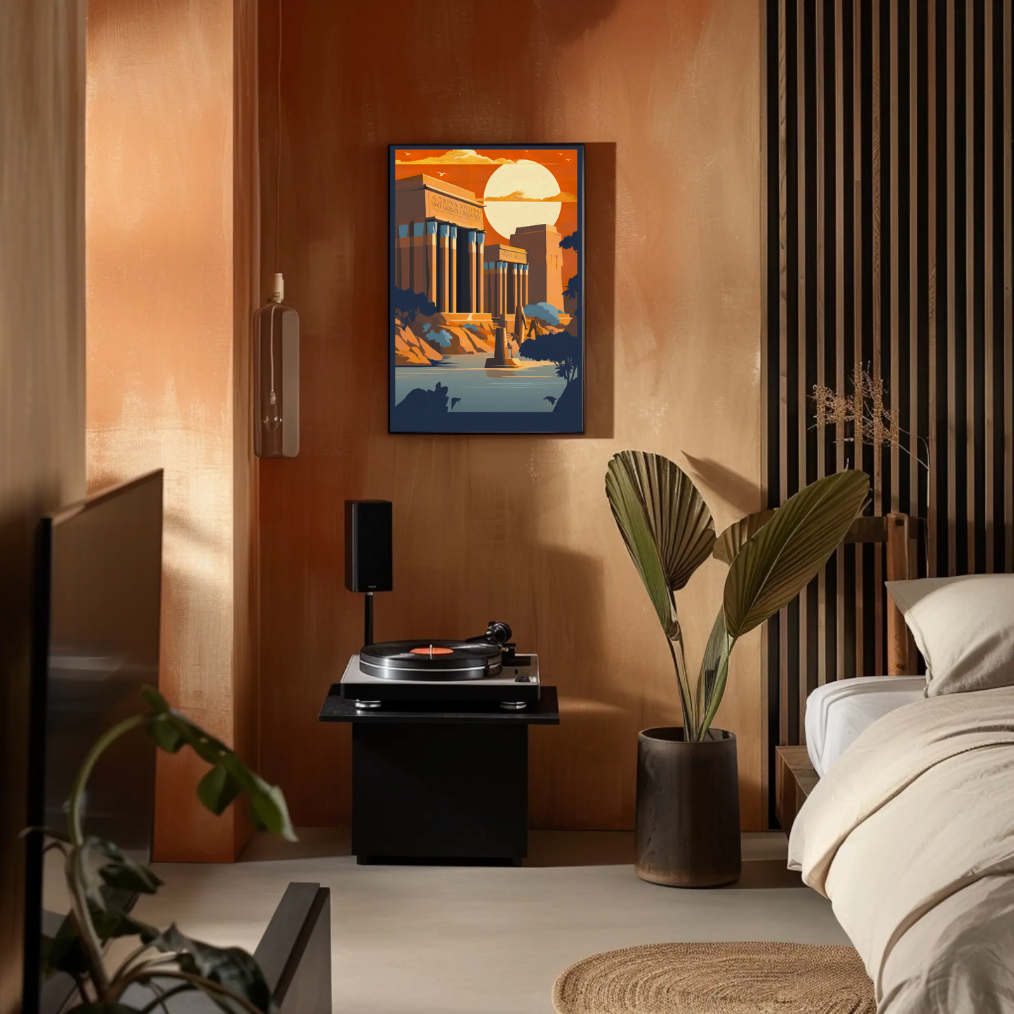 Egyptian Ruins Sunlit Columns River Vintage Travel Poster