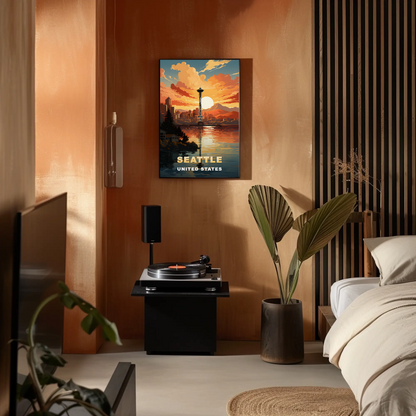 Seattle Washington Space Needle Sunset Vintage Travel Poster