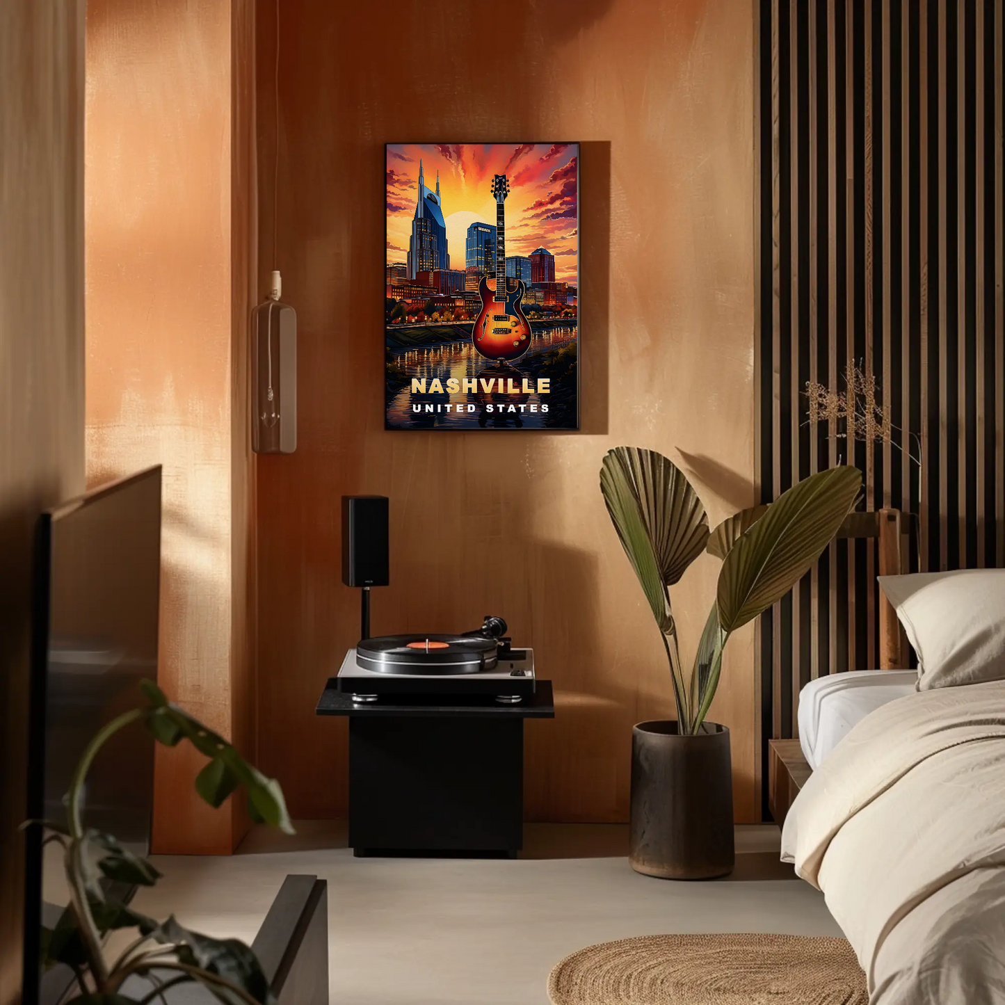 Nashville Tennessee Guitar Sunset Skyline Vintage Travel Poster