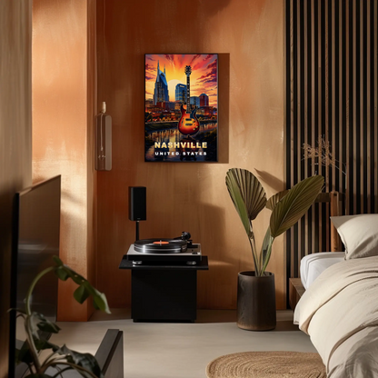 Nashville Tennessee Guitar Sunset Skyline Vintage Travel Poster