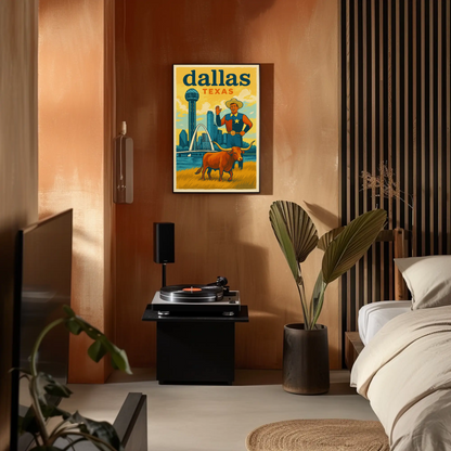 Dallas Cowboy Longhorn Skyline Bridge Sphere Vintage Travel Poster Wall Art