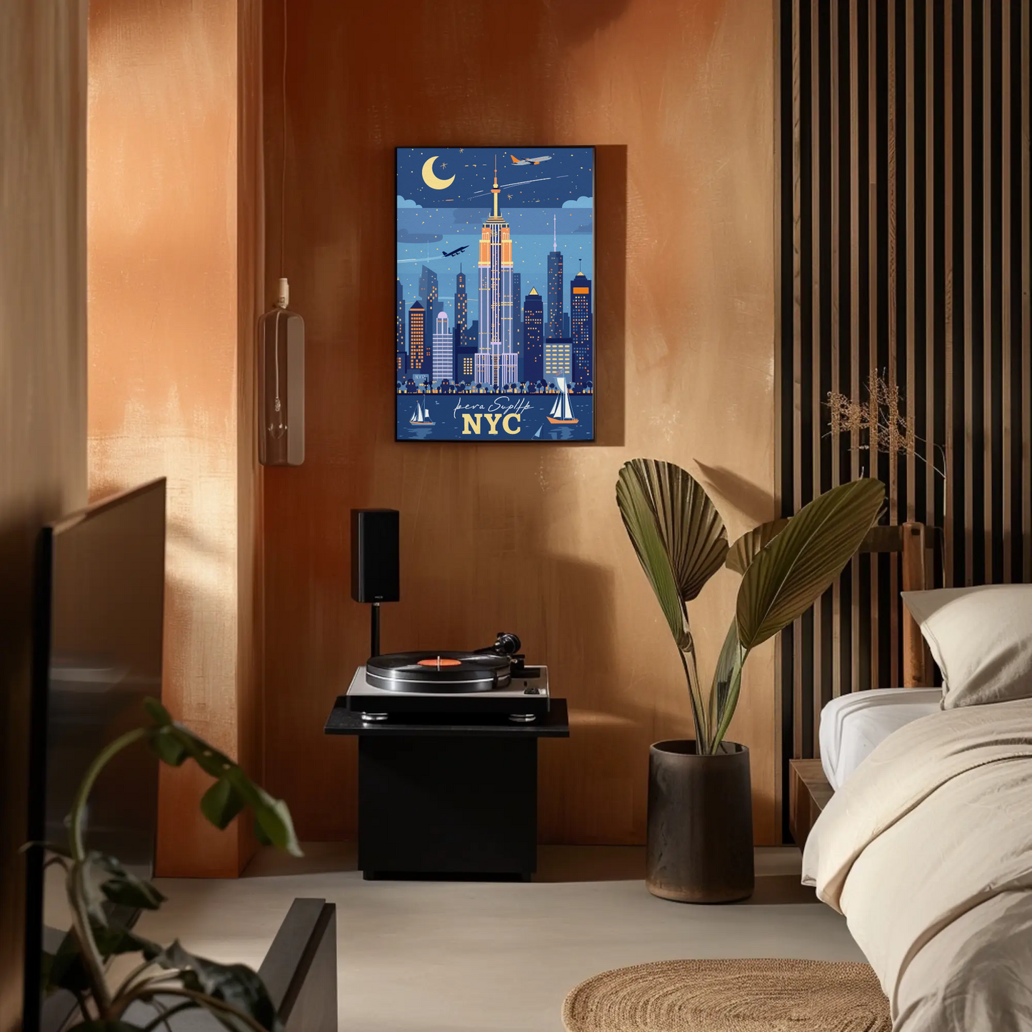 NYC Empire State Building Night Vintage Travel Poster
