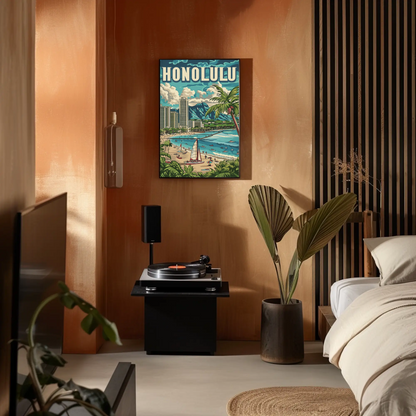 Honolulu Vintage Poster Sailing and Skyscrapers