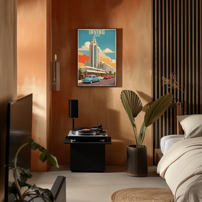 Irving Texas Art Deco Building Cars Retro Vintage Travel Poster