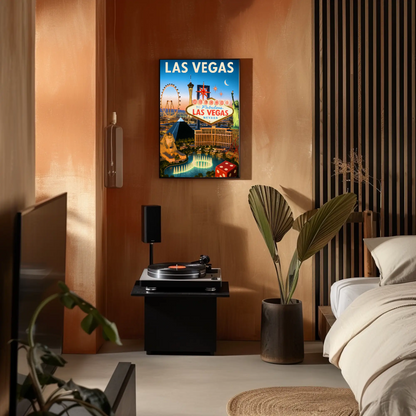 Las Vegas Iconic Landmarks Night Lights Vintage Travel Poster