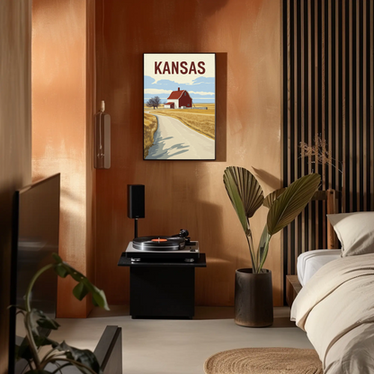 Kansas Barn Roadscape Vintage Poster