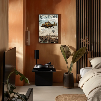 London Steampunk Flying City Bridge Fantasy Poster