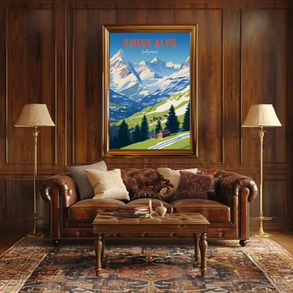 Swiss Alps Switzerland Mountain Chalet Landscape Vintage Travel Poster
