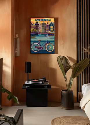 Amsterdam Holland Bicycle Canals Sunset Vintage Travel Poster