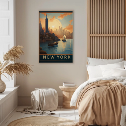 New York Harbor Sunset Vintage Travel Poster
