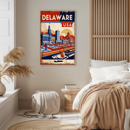Delaware Waterfront Skyline Retro USA Vintage Maroon Travel Poster