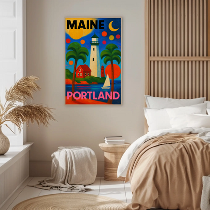Maine Portland Lighthouse Sailboats Palms Vintage Travel Poster