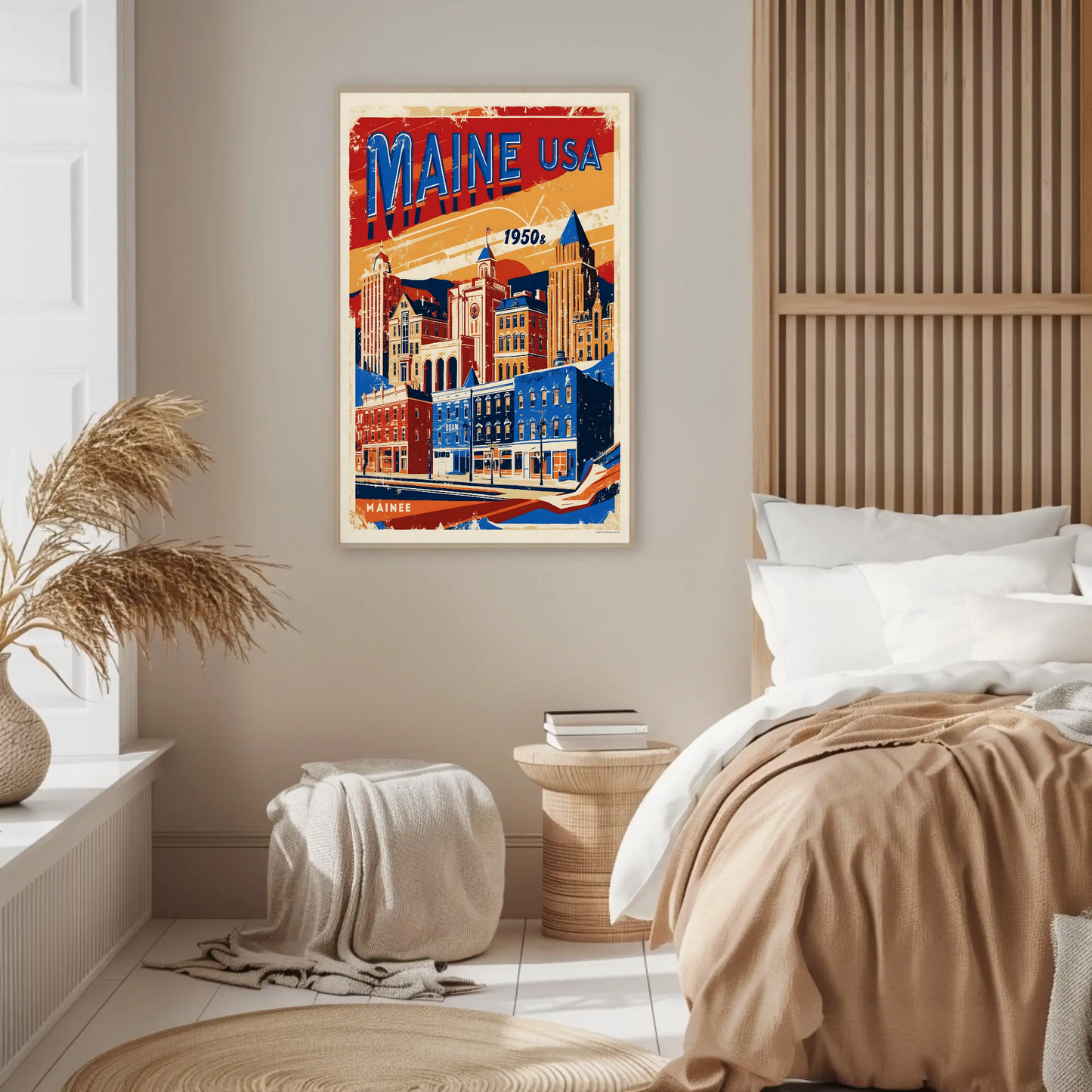 Maine USA 1950s Seaside Townscape Vintage Maroon Travel Poster