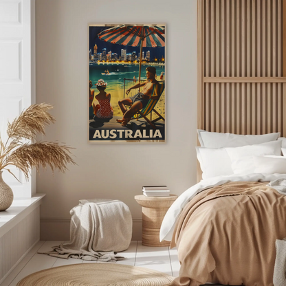 Australia Beach City Night Relaxing Scene Vintage Travel Poster