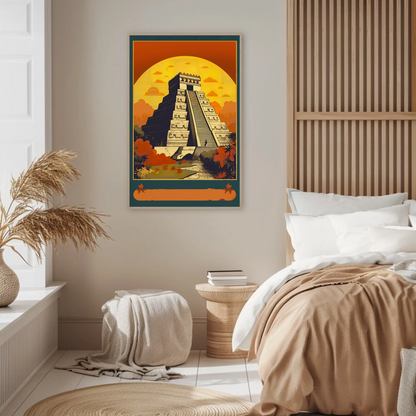 Mexico Chichen Itza Pyramid Sunset Vintage Travel Poster