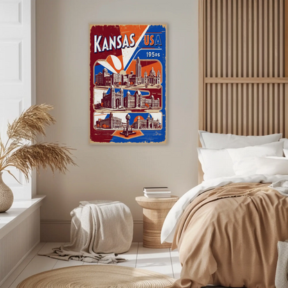 Kansas USA 1950s Grand Structures Vintage Maroon Travel Poster