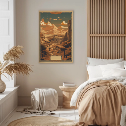 Egyptian Temple Statues Desert Mountains Vintage Travel Poster
