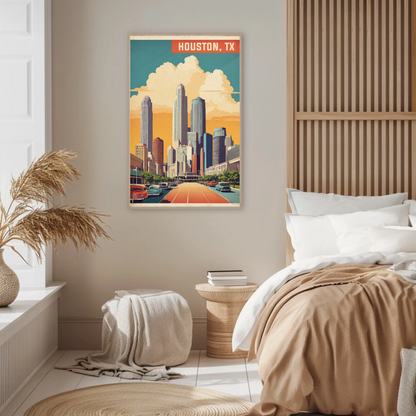 Houston Texas Skyline Classic Cars Sunset Vintage Travel Poster