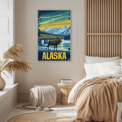 Alaska Vintage Poster - Moose and Northern Lights