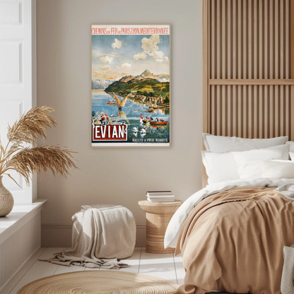 Evian Lake Boats Alps France Vintage Travel Poster