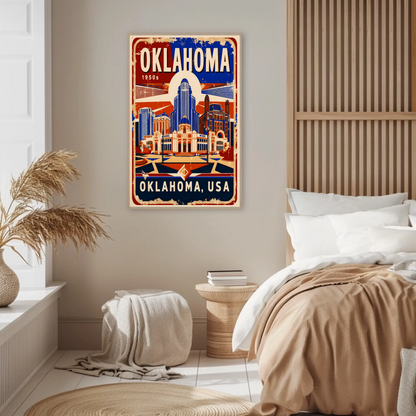 Oklahoma USA 1950s Art Deco Capitol Vintage Travel Poster