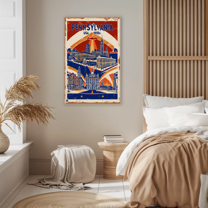 Pennsylvania USA 1950s Monument Skyline Vintage Travel Poster