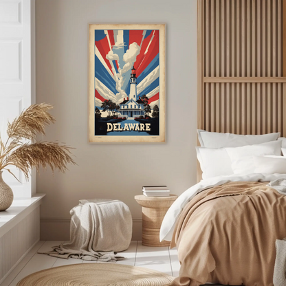 Delaware Lighthouse Patriotic Rays Vintage Travel Poster