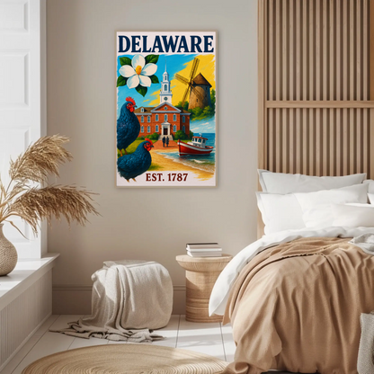 Delaware 1787 Poster With Windmill And Chickens Vintage Travel Poster