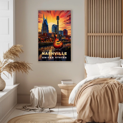 Nashville Tennessee Guitar Sunset Skyline Vintage Travel Poster