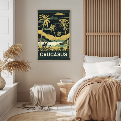 Caucasus Desert Palms Camel Rider Landscape Vintage Travel Poster