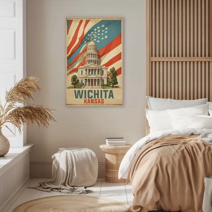 Wichita Kansas State Capitol And Flag Vintage Travel Poster