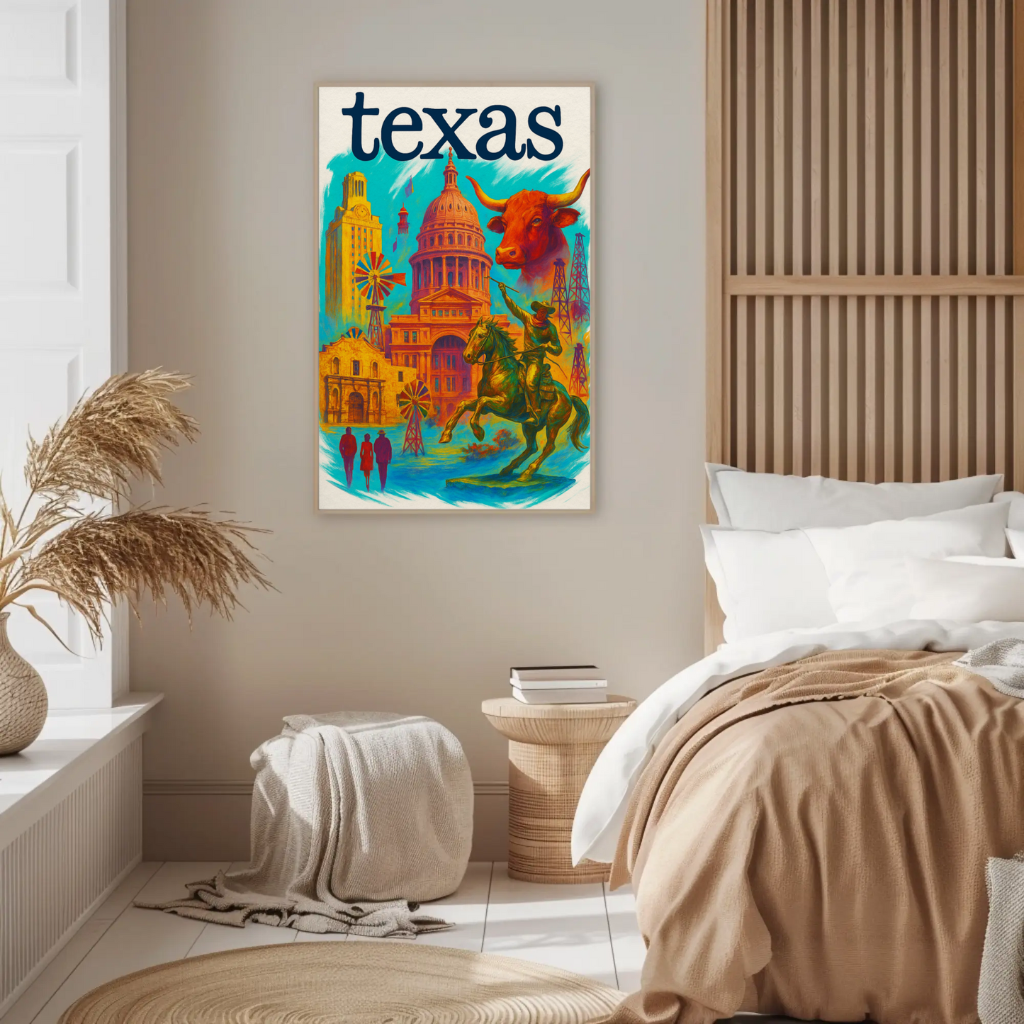 Texas Capitol Cowboy Longhorn Windmill History Vintage Travel Poster