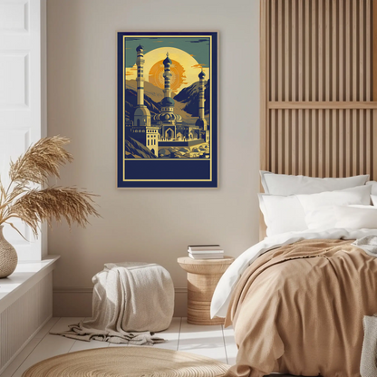 Majestic Mountain Mosque Sunburst Vintage Travel Poster