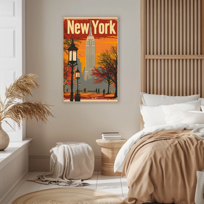 New York Orange Sky Autumn Cityscape Vintage Travel Poster