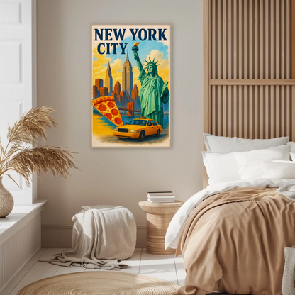 New York City Pizza Taxi Skyline Vintage Travel Poster