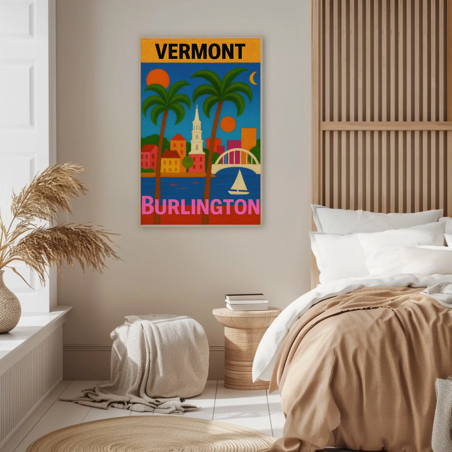 Vermont Burlington Palm Trees Church Sailboat Vintage Travel Poster
