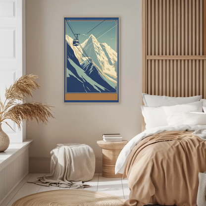 Retro Tram Over Snowy Mountainside Vintage Travel Poster