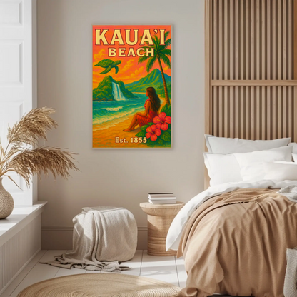 Kauai Beach Hawaii Waterfall Turtle Est 1855 Vintage Travel Poster