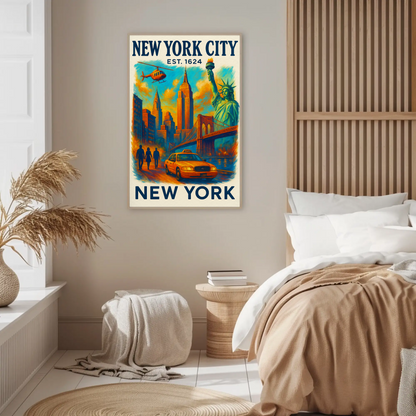 New York City Skyline Taxi Liberty Vintage Travel Poster