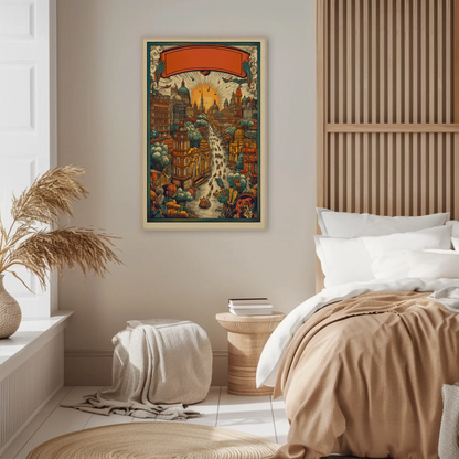 Fantasy River City Sunset Skyline Vintage Travel Poster