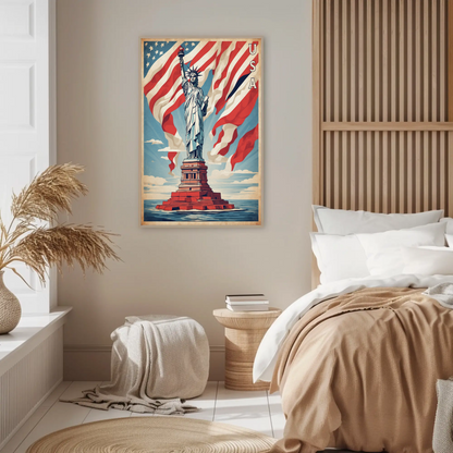 Liberty Statue American Flag Waves Vintage Travel Poster