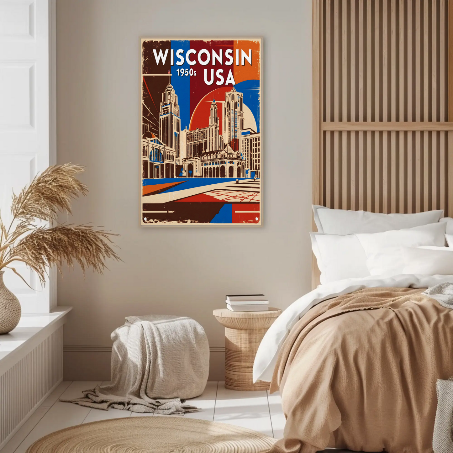 Wisconsin USA 1950s Urban Skyline Vintage Travel Poster